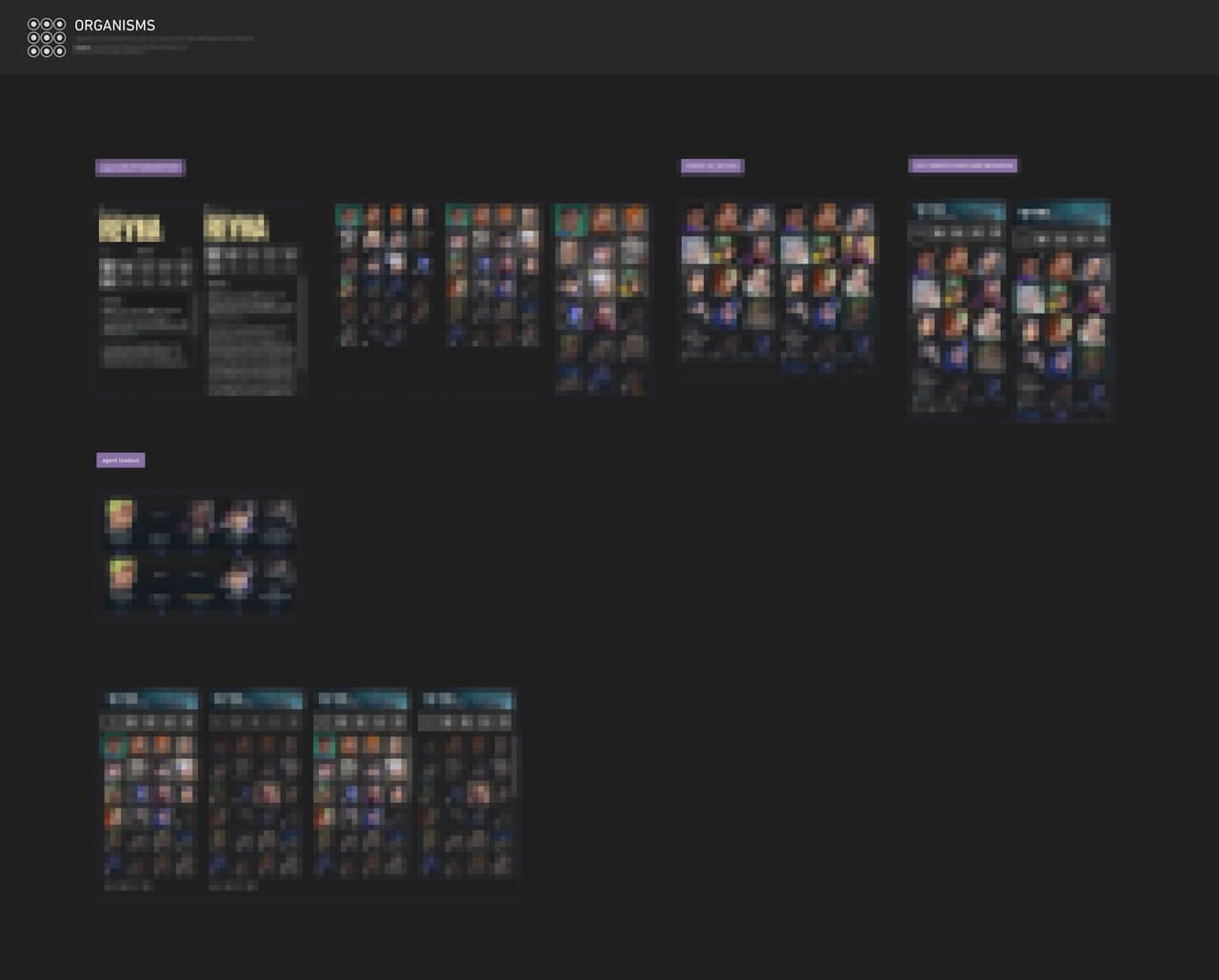 Organism-level UI — agent selection, loadout, and ability panels